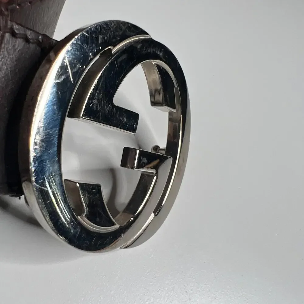 Gucci Men’s Leather Belt Brown GG Silver Buckle 114876 Made in‎ Italy